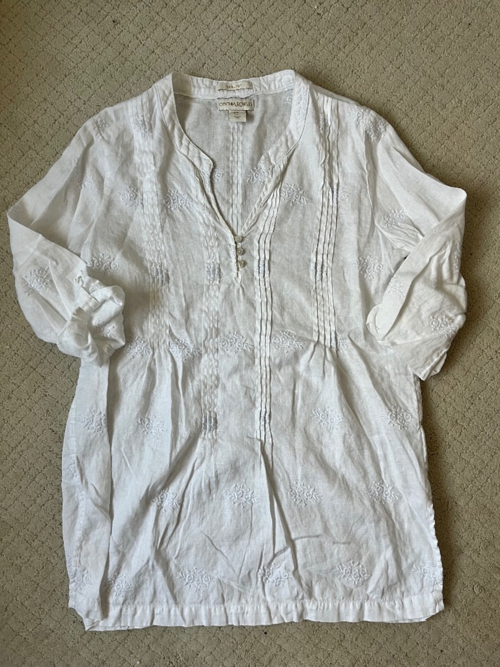 Cynthia Rowley 100% Linen White Embroidered Blouse Boho Peasant Top Coastal Sz M